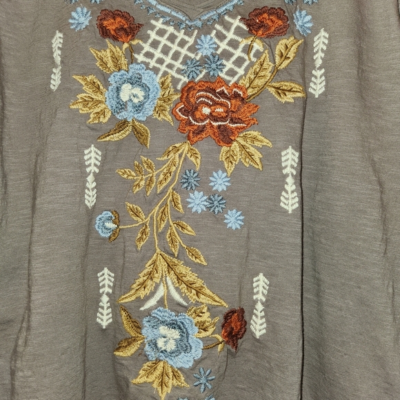 Caite Handmade Taupe Embroidered Bell Sleeve Top Size XL Stretch Boho Babydoll - Picture 5 of 10